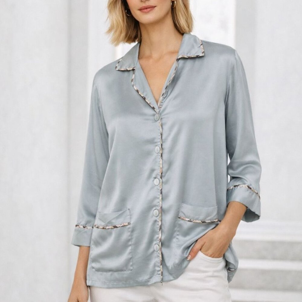 Burberry London Silk Pajama Style Blouse Blue Button Down Luxury Top Size L
